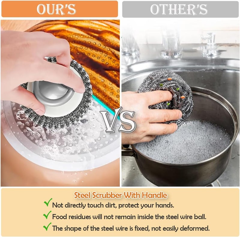 BLIGKO 2Pcs Stainless Steel Scrubber with Handle, Steel Wool Scrubber Tool for Cleaning Dishes, Scrubbing Scouring Brush Pad for Kitchen Pots, Pans, Sink - Image 5